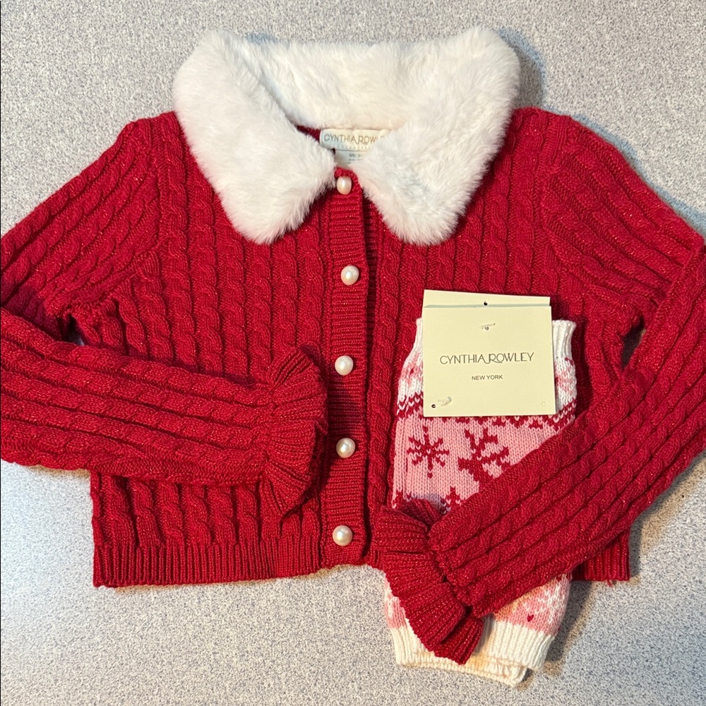 Cynthia Rowley Red Cardigan with White Faux Fur Collar and Leg Warmers